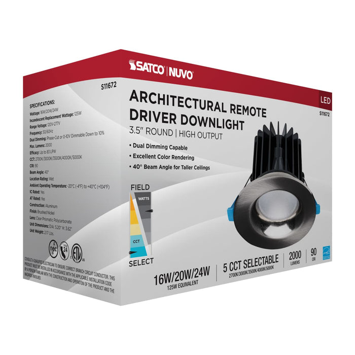 Remote Driver LED Downlight Satco S11672 16/20/24 Watt LED Remote Driver Downlight - 27K/30K/35K/40K/50K CCT - Field Selectable - Round - Brushed Nickel Finish - Dual Dimming - 120-277 Volt Satco