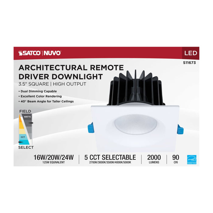 Remote Driver LED Downlight Satco S11673 16/20/24 Watt LED Remote Driver Downlight - 27K/30K/35K/40K/50K CCT - Field Selectable - Square - White Finish - Dual Dimming - 120-277 Volt Satco