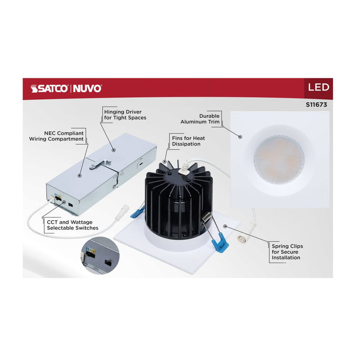 Remote Driver LED Downlight Satco S11673 16/20/24 Watt LED Remote Driver Downlight - 27K/30K/35K/40K/50K CCT - Field Selectable - Square - White Finish - Dual Dimming - 120-277 Volt Satco