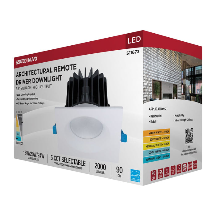 Remote Driver LED Downlight Satco S11673 16/20/24 Watt LED Remote Driver Downlight - 27K/30K/35K/40K/50K CCT - Field Selectable - Square - White Finish - Dual Dimming - 120-277 Volt Satco
