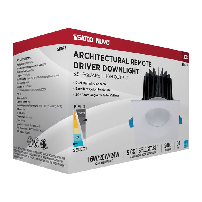 Remote Driver LED Downlight Satco S11673 16/20/24 Watt LED Remote Driver Downlight - 27K/30K/35K/40K/50K CCT - Field Selectable - Square - White Finish - Dual Dimming - 120-277 Volt Satco