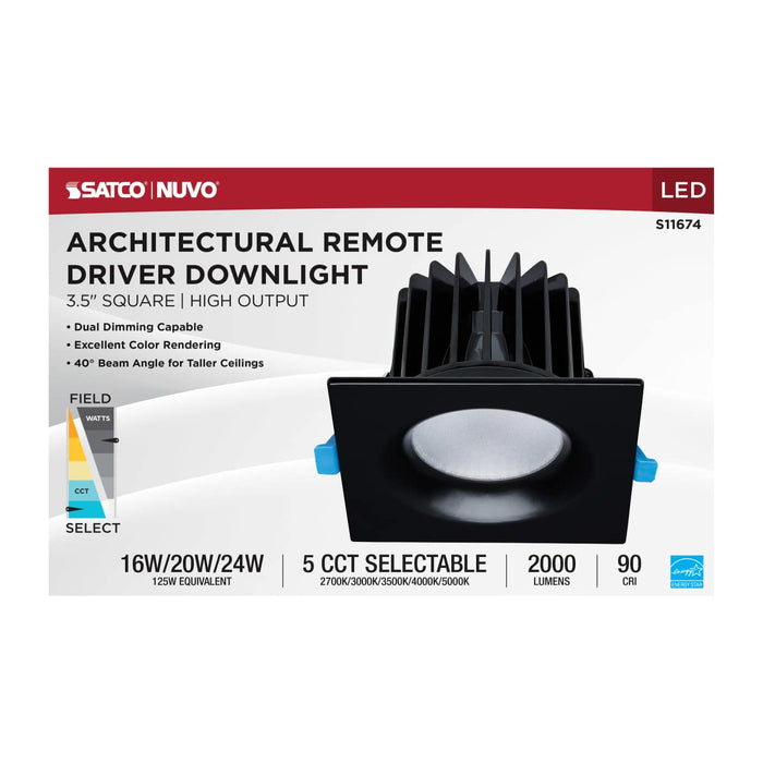 Remote Driver LED Downlight Satco S11674 16/20/24 Watt LED Remote Driver Downlight - 27K/30K/35K/40K/50K CCT - Field Selectable - Square - Black Finish - Dual Dimming - 120-277 Volt Satco