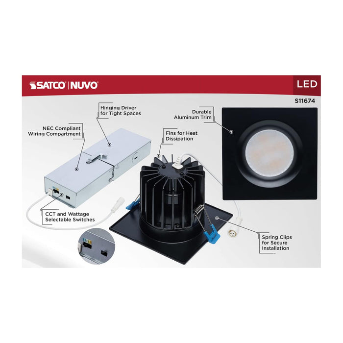Remote Driver LED Downlight Satco S11674 16/20/24 Watt LED Remote Driver Downlight - 27K/30K/35K/40K/50K CCT - Field Selectable - Square - Black Finish - Dual Dimming - 120-277 Volt Satco