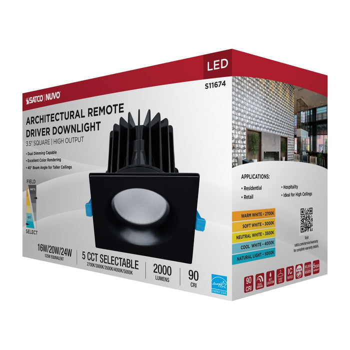 Remote Driver LED Downlight Satco S11674 16/20/24 Watt LED Remote Driver Downlight - 27K/30K/35K/40K/50K CCT - Field Selectable - Square - Black Finish - Dual Dimming - 120-277 Volt Satco