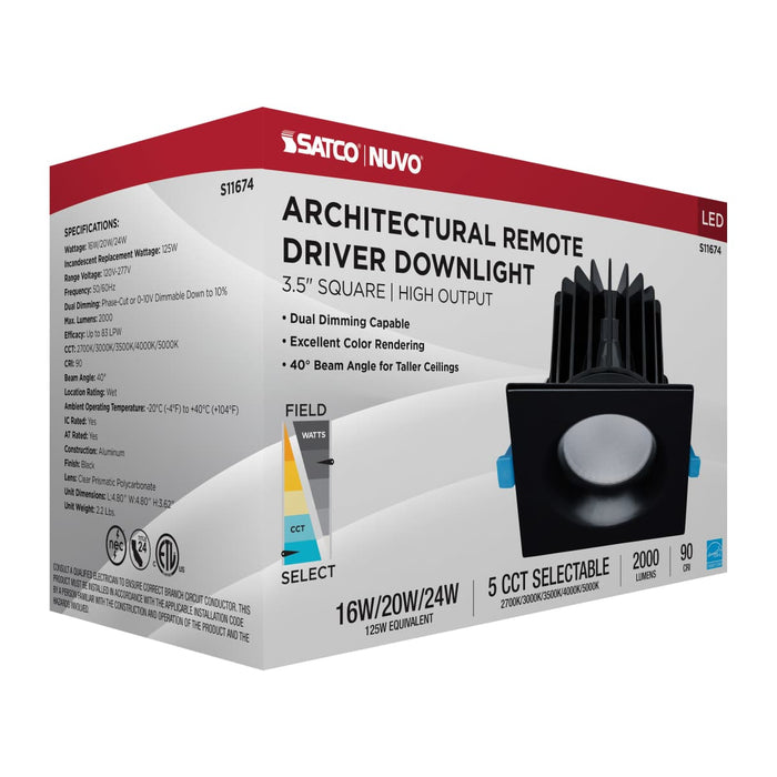 Remote Driver LED Downlight Satco S11674 16/20/24 Watt LED Remote Driver Downlight - 27K/30K/35K/40K/50K CCT - Field Selectable - Square - Black Finish - Dual Dimming - 120-277 Volt Satco