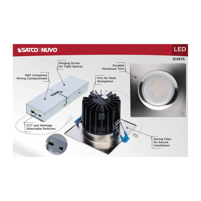 Remote Driver LED Downlight Satco S11675 16/20/24 Watt LED Remote Driver Downlight - 27K/30K/35K/40K/50K CCT - Field Selectable - Square - Brushed Nickel Finish - Dual Dimming - 120-277 Volt Satco