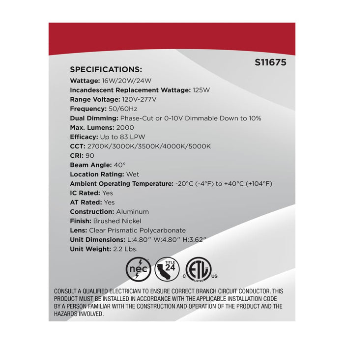 Remote Driver LED Downlight Satco S11675 16/20/24 Watt LED Remote Driver Downlight - 27K/30K/35K/40K/50K CCT - Field Selectable - Square - Brushed Nickel Finish - Dual Dimming - 120-277 Volt Satco