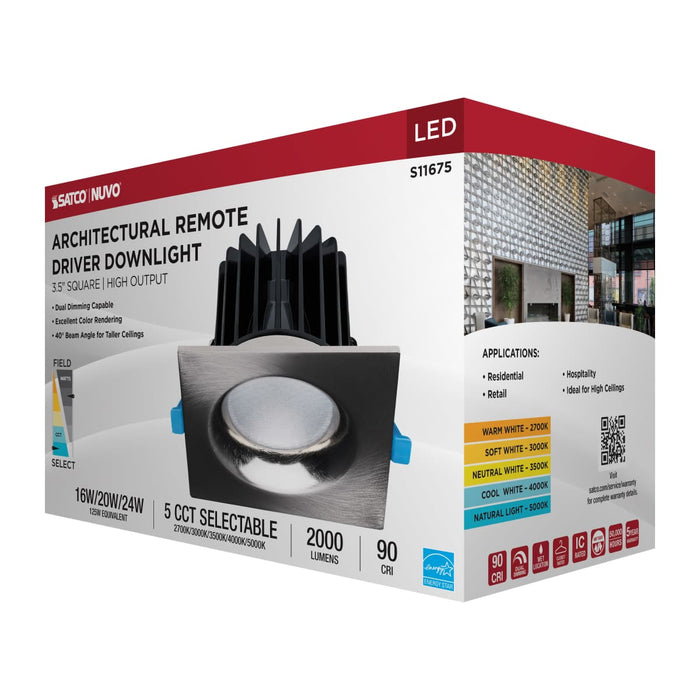 Remote Driver LED Downlight Satco S11675 16/20/24 Watt LED Remote Driver Downlight - 27K/30K/35K/40K/50K CCT - Field Selectable - Square - Brushed Nickel Finish - Dual Dimming - 120-277 Volt Satco