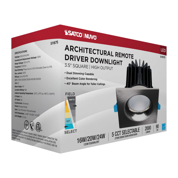 Remote Driver LED Downlight Satco S11675 16/20/24 Watt LED Remote Driver Downlight - 27K/30K/35K/40K/50K CCT - Field Selectable - Square - Brushed Nickel Finish - Dual Dimming - 120-277 Volt Satco