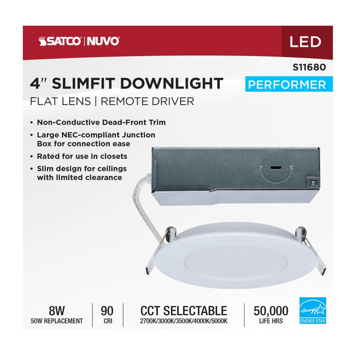 Remote Driver LED Downlight Satco S11680 8 Watt LED Direct Wire Performer Series Downlight - Remote Driver - 4 Inch - 27K/3K/35K/4K/5K CCT Selectable - Round - Flat Face - White Finish Satco