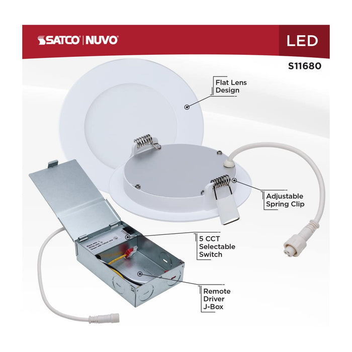 Remote Driver LED Downlight Satco S11680 8 Watt LED Direct Wire Performer Series Downlight - Remote Driver - 4 Inch - 27K/3K/35K/4K/5K CCT Selectable - Round - Flat Face - White Finish Satco