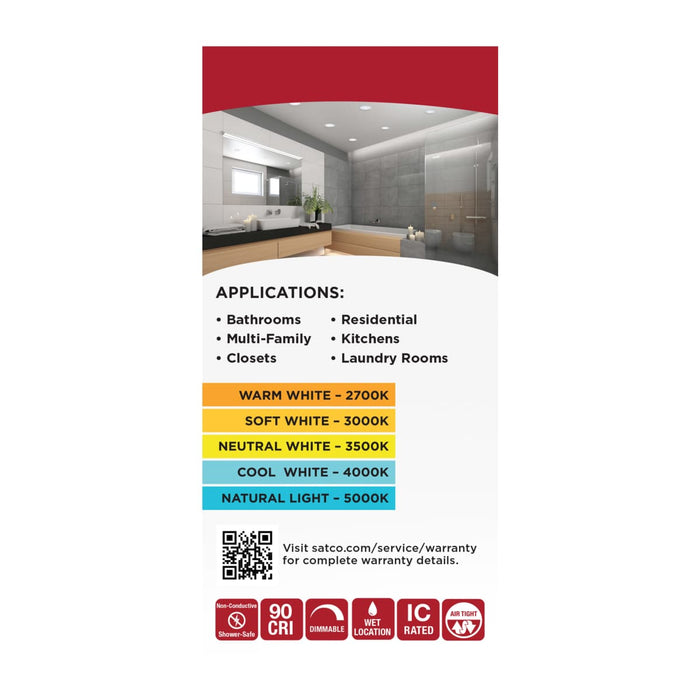 Remote Driver LED Downlight Satco S11680 8 Watt LED Direct Wire Performer Series Downlight - Remote Driver - 4 Inch - 27K/3K/35K/4K/5K CCT Selectable - Round - Flat Face - White Finish Satco