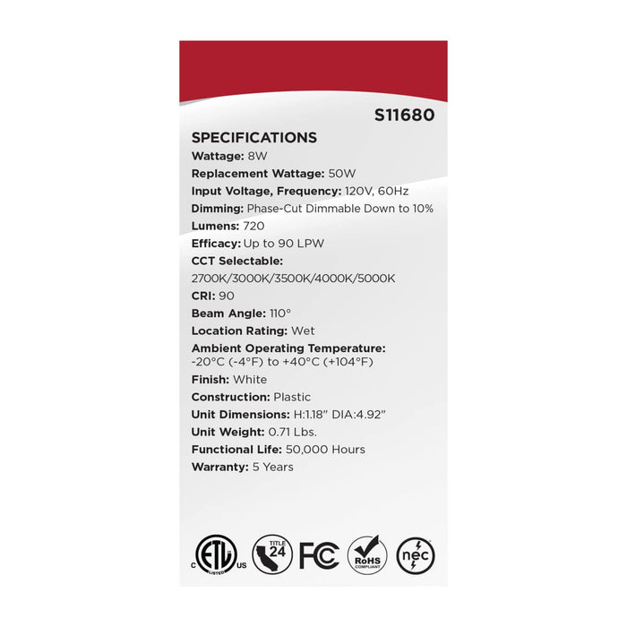 Remote Driver LED Downlight Satco S11680 8 Watt LED Direct Wire Performer Series Downlight - Remote Driver - 4 Inch - 27K/3K/35K/4K/5K CCT Selectable - Round - Flat Face - White Finish Satco