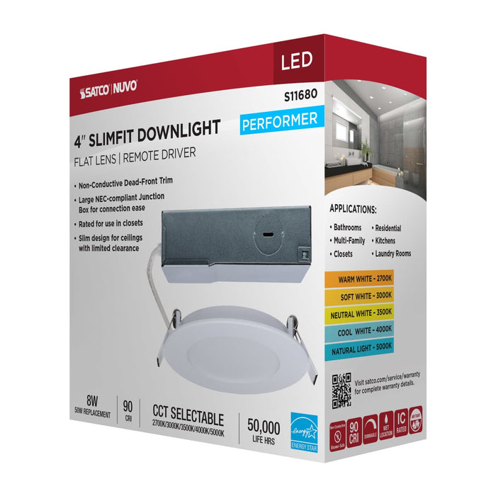 Remote Driver LED Downlight Satco S11680 8 Watt LED Direct Wire Performer Series Downlight - Remote Driver - 4 Inch - 27K/3K/35K/4K/5K CCT Selectable - Round - Flat Face - White Finish Satco