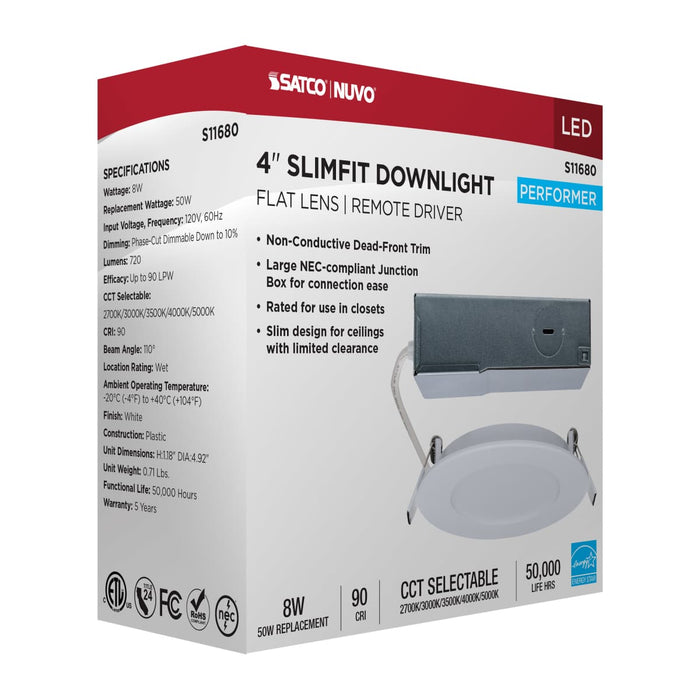 Remote Driver LED Downlight Satco S11680 8 Watt LED Direct Wire Performer Series Downlight - Remote Driver - 4 Inch - 27K/3K/35K/4K/5K CCT Selectable - Round - Flat Face - White Finish Satco