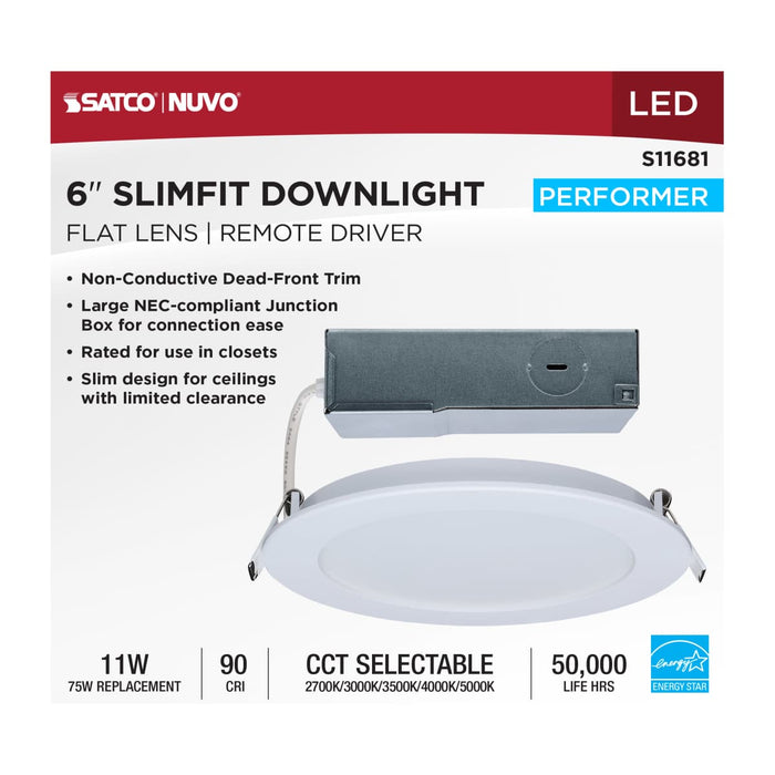 Remote Driver LED Downlight Satco S11681 11 Watt LED Direct Wire Performer Series Downlight - Remote Driver - 6 Inch - 27K/3K/35K/4K/5K CCT Selectable - Round - Flat Face - White Finish Satco
