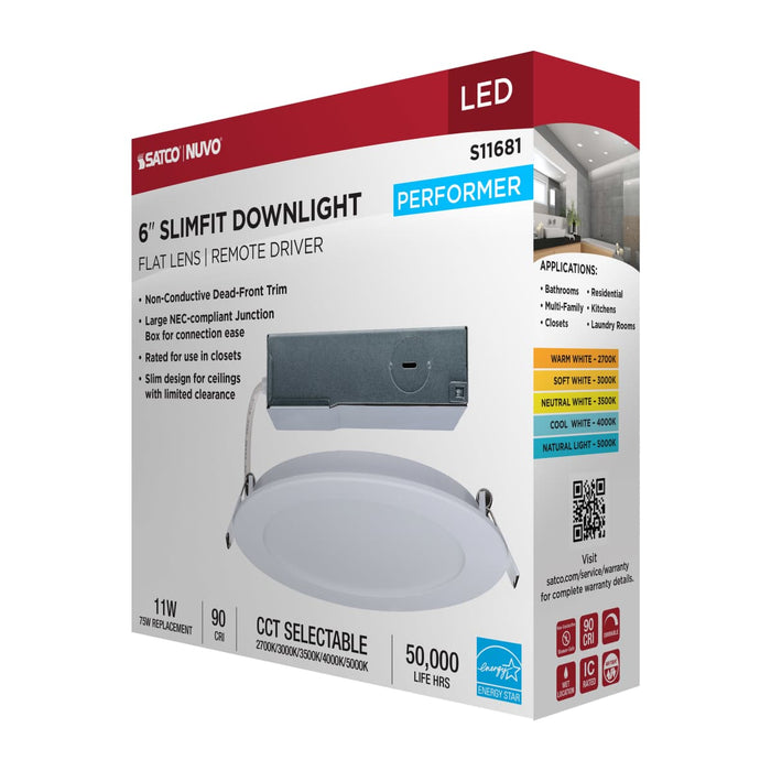 Remote Driver LED Downlight Satco S11681 11 Watt LED Direct Wire Performer Series Downlight - Remote Driver - 6 Inch - 27K/3K/35K/4K/5K CCT Selectable - Round - Flat Face - White Finish Satco