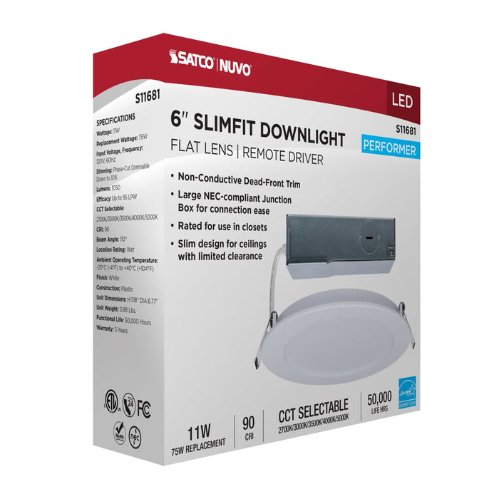 Remote Driver LED Downlight Satco S11681 11 Watt LED Direct Wire Performer Series Downlight - Remote Driver - 6 Inch - 27K/3K/35K/4K/5K CCT Selectable - Round - Flat Face - White Finish Satco