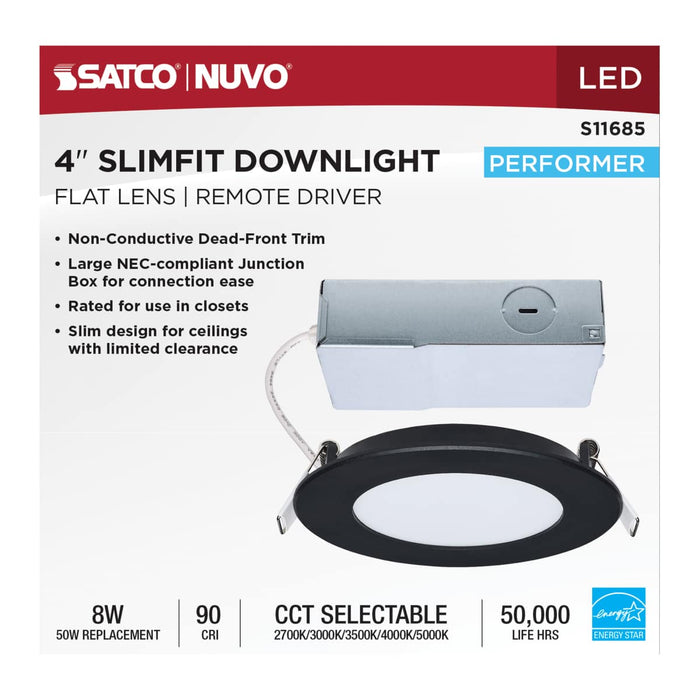 Remote Driver LED Downlight Satco S11685 8 Watt LED Direct Wire Performer Series Downlight - Remote Driver - 4 Inch - 27K/3K/35K/4K/5K CCT Selectable - Round - Flat Face - Black Finish Satco