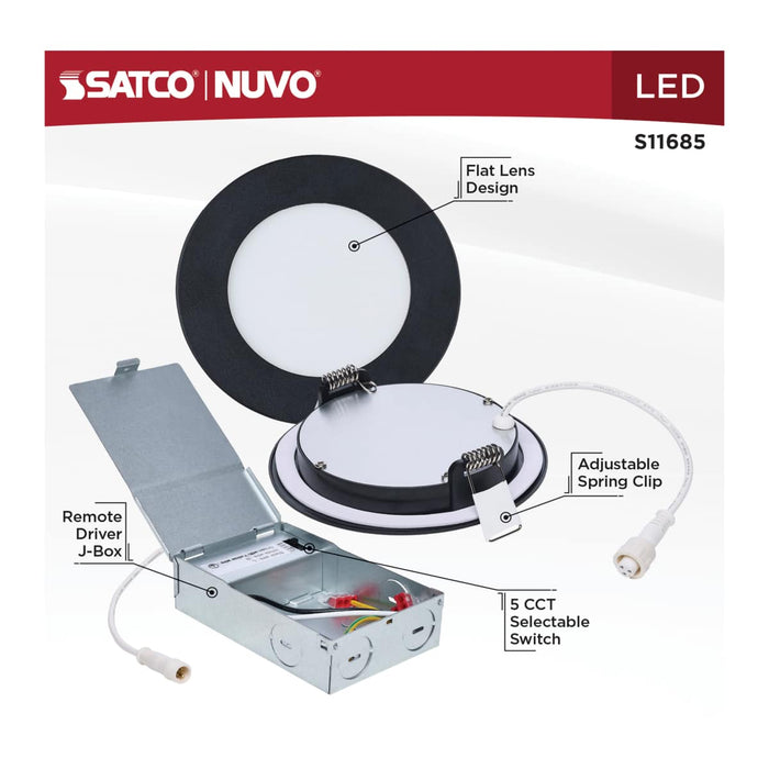 Remote Driver LED Downlight Satco S11685 8 Watt LED Direct Wire Performer Series Downlight - Remote Driver - 4 Inch - 27K/3K/35K/4K/5K CCT Selectable - Round - Flat Face - Black Finish Satco