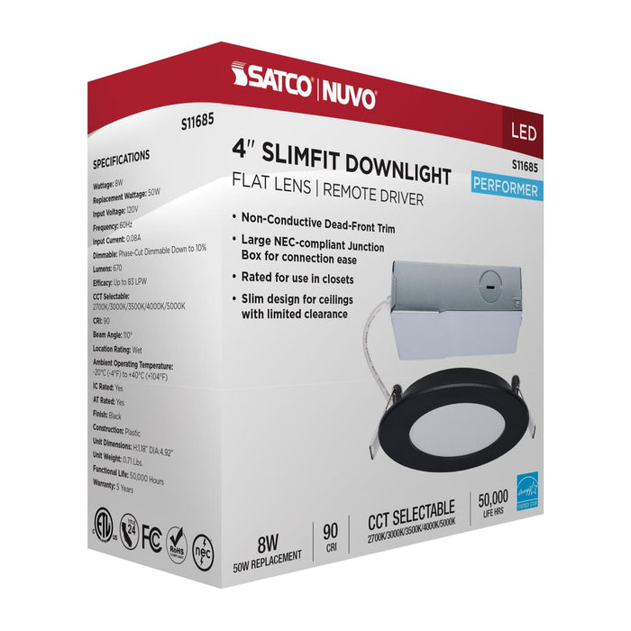 Remote Driver LED Downlight Satco S11685 8 Watt LED Direct Wire Performer Series Downlight - Remote Driver - 4 Inch - 27K/3K/35K/4K/5K CCT Selectable - Round - Flat Face - Black Finish Satco