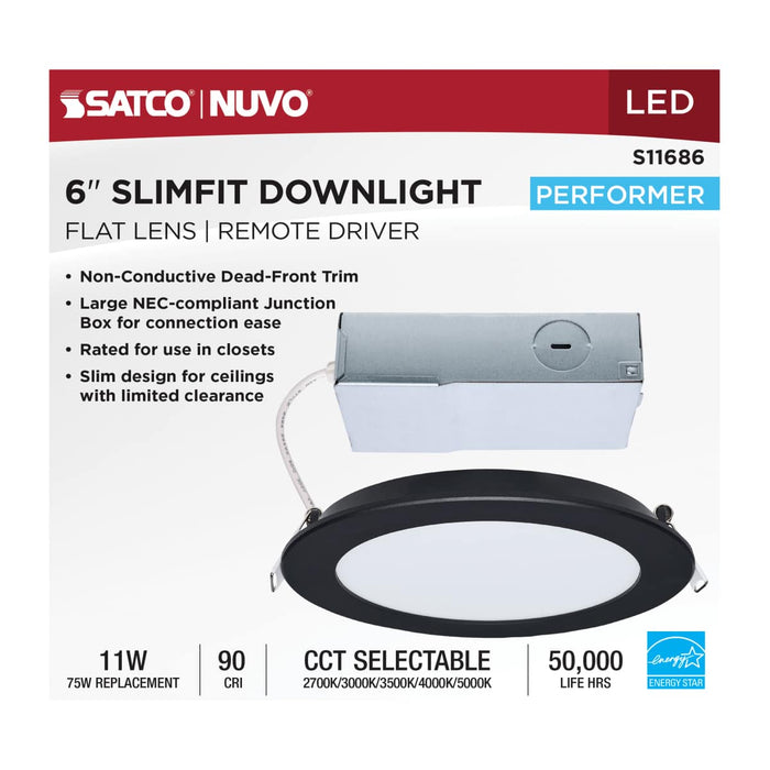 Remote Driver LED Downlight Satco S11686 11 Watt LED Direct Wire Performer Series Downlight - Remote Driver - 6 Inch - 27K/3K/35K/4K/5K CCT Selectable - Round - Flat Face - Black Finish Satco