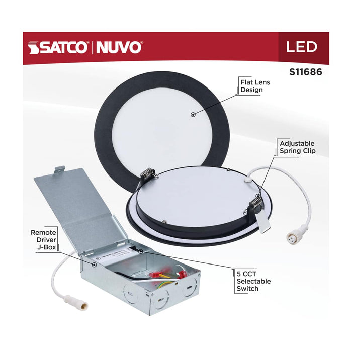 Remote Driver LED Downlight Satco S11686 11 Watt LED Direct Wire Performer Series Downlight - Remote Driver - 6 Inch - 27K/3K/35K/4K/5K CCT Selectable - Round - Flat Face - Black Finish Satco