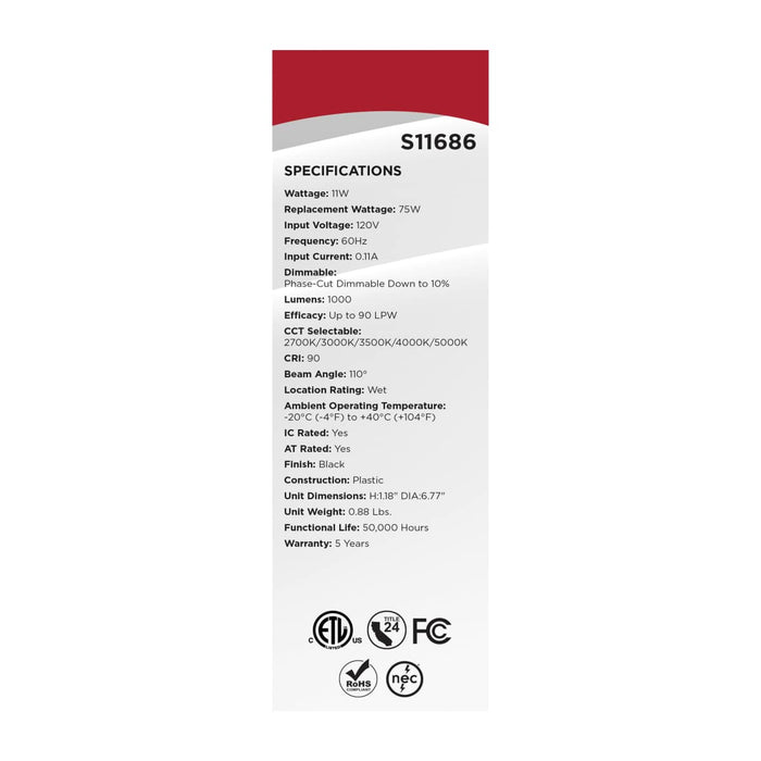 Remote Driver LED Downlight Satco S11686 11 Watt LED Direct Wire Performer Series Downlight - Remote Driver - 6 Inch - 27K/3K/35K/4K/5K CCT Selectable - Round - Flat Face - Black Finish Satco