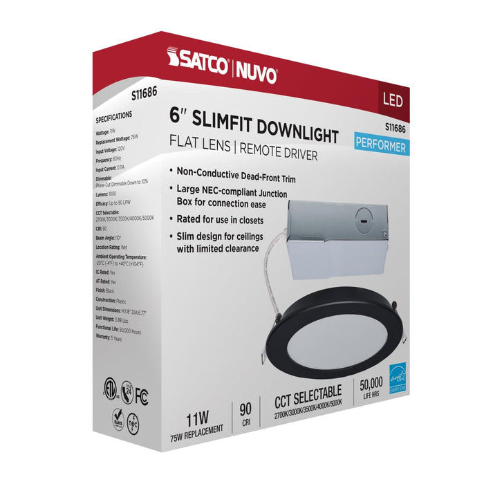 Remote Driver LED Downlight Satco S11686 11 Watt LED Direct Wire Performer Series Downlight - Remote Driver - 6 Inch - 27K/3K/35K/4K/5K CCT Selectable - Round - Flat Face - Black Finish Satco