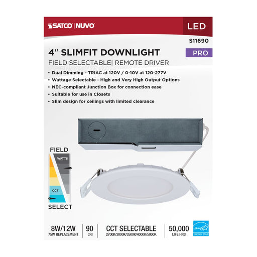 Remote Driver LED Downlight Satco S11690 8/12 Watt LED Direct Wire Downlight - 27K/3K/35K/4K/5K CCT - Remote Driver - 4 Inch - Round - Flat Face - White Finish - 120-277 Volt - Dual Dimming Satco