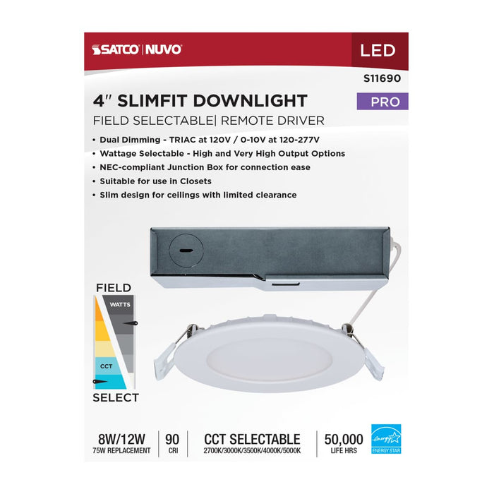 Remote Driver LED Downlight Satco S11690 8/12 Watt LED Direct Wire Downlight - 27K/3K/35K/4K/5K CCT - Remote Driver - 4 Inch - Round - Flat Face - White Finish - 120-277 Volt - Dual Dimming Satco