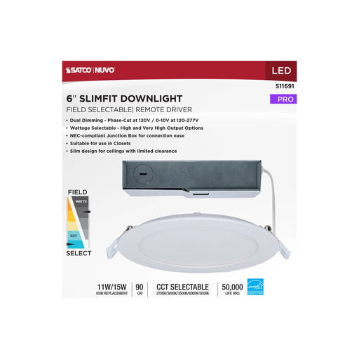 Remote Driver LED Downlight Satco S11691 11/15 Watt - LED Direct Wire Downlight - 27K/3K/35K/4K/5K CCT - Remote Driver - 6 Inch - Round - Flat Face - White Finish - 120-277 Volt - Dual Dimming Satco