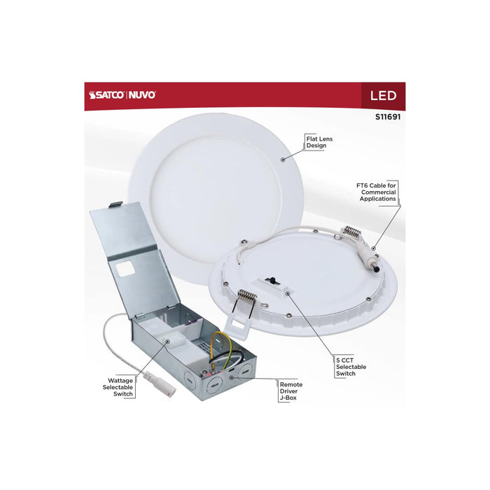 Remote Driver LED Downlight Satco S11691 11/15 Watt - LED Direct Wire Downlight - 27K/3K/35K/4K/5K CCT - Remote Driver - 6 Inch - Round - Flat Face - White Finish - 120-277 Volt - Dual Dimming Satco