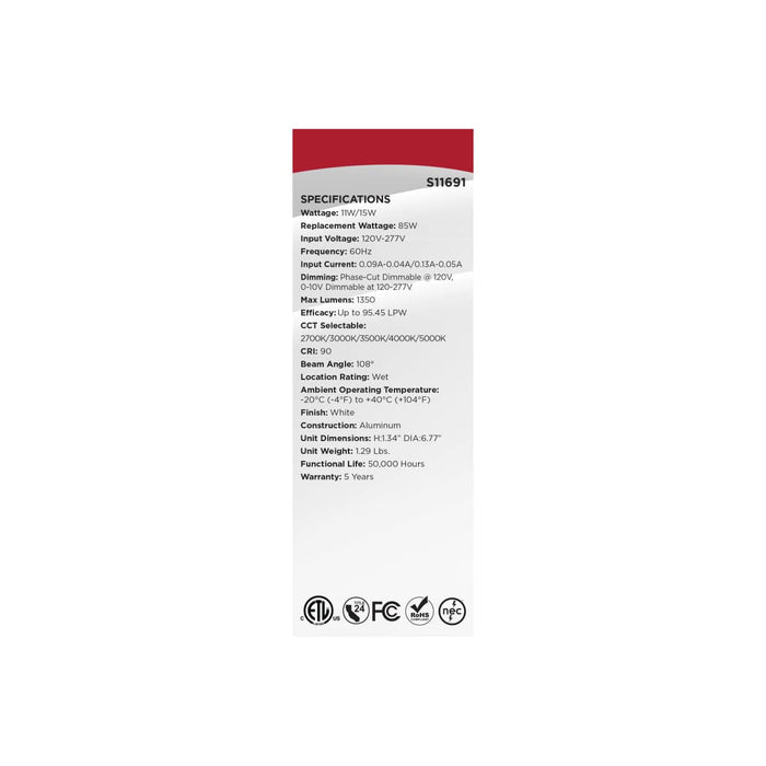 Remote Driver LED Downlight Satco S11691 11/15 Watt - LED Direct Wire Downlight - 27K/3K/35K/4K/5K CCT - Remote Driver - 6 Inch - Round - Flat Face - White Finish - 120-277 Volt - Dual Dimming Satco