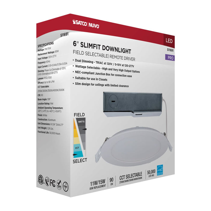 Remote Driver LED Downlight Satco S11691 11/15 Watt - LED Direct Wire Downlight - 27K/3K/35K/4K/5K CCT - Remote Driver - 6 Inch - Round - Flat Face - White Finish - 120-277 Volt - Dual Dimming Satco
