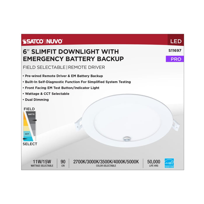Remote Driver LED Downlight Satco S11697 15/11 Watt LED Direct Wire Downlight - 27K/3K/35K/4K/5K - 6-Inch - Dual Dimming - Round - with Integrated Emergency and Test Switch Satco