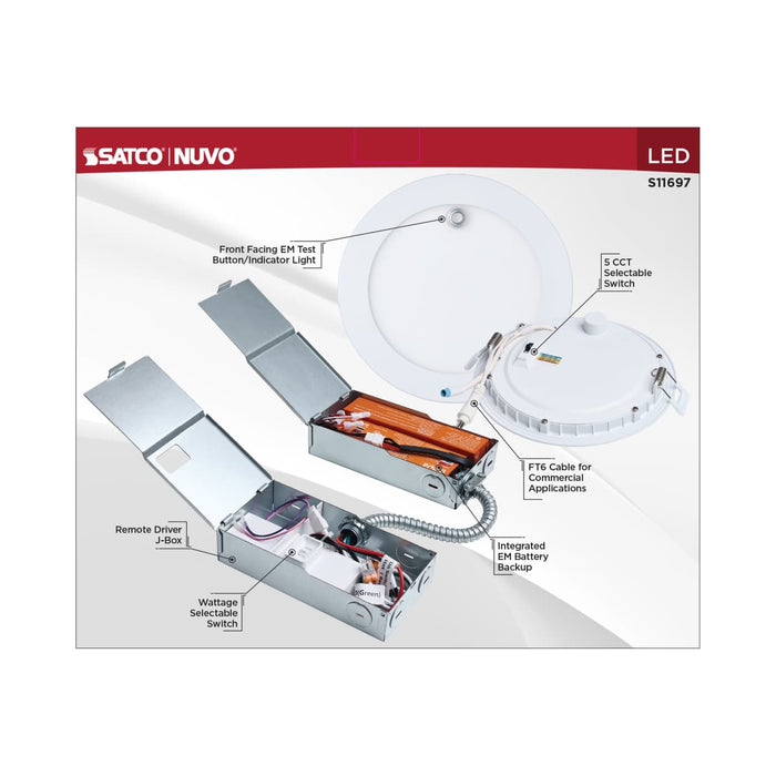 Remote Driver LED Downlight Satco S11697 15/11 Watt LED Direct Wire Downlight - 27K/3K/35K/4K/5K - 6-Inch - Dual Dimming - Round - with Integrated Emergency and Test Switch Satco