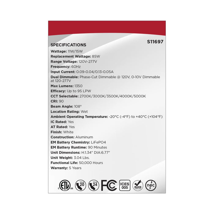 Remote Driver LED Downlight Satco S11697 15/11 Watt LED Direct Wire Downlight - 27K/3K/35K/4K/5K - 6-Inch - Dual Dimming - Round - with Integrated Emergency and Test Switch Satco