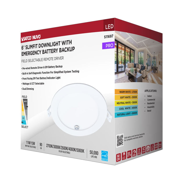 Remote Driver LED Downlight Satco S11697 15/11 Watt LED Direct Wire Downlight - 27K/3K/35K/4K/5K - 6-Inch - Dual Dimming - Round - with Integrated Emergency and Test Switch Satco