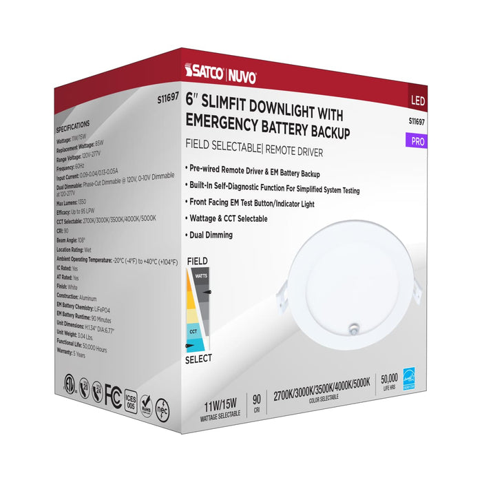 Remote Driver LED Downlight Satco S11697 15/11 Watt LED Direct Wire Downlight - 27K/3K/35K/4K/5K - 6-Inch - Dual Dimming - Round - with Integrated Emergency and Test Switch Satco