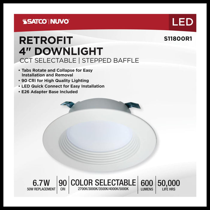 Downlight Retrofit Satco S11800R1 6.7 Watt LED Downlight Retrofit - 4 Inches - CCT Selectable - Round - White Finish - 120 Volt Satco
