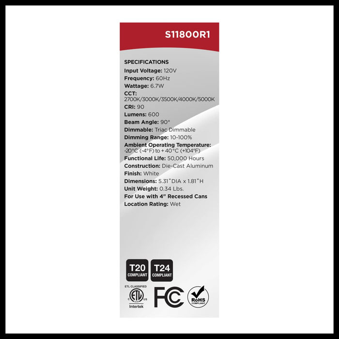 Downlight Retrofit Satco S11800R1 6.7 Watt LED Downlight Retrofit - 4 Inches - CCT Selectable - Round - White Finish - 120 Volt Satco