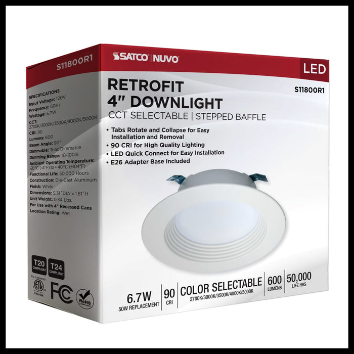 Downlight Retrofit Satco S11800R1 6.7 Watt LED Downlight Retrofit - 4 Inches - CCT Selectable - Round - White Finish - 120 Volt Satco