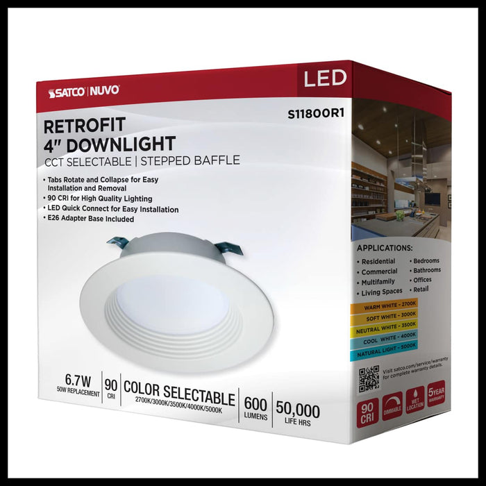 Downlight Retrofit Satco S11800R1 6.7 Watt LED Downlight Retrofit - 4 Inches - CCT Selectable - Round - White Finish - 120 Volt Satco