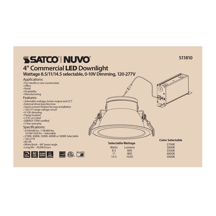 Commercial Downlight Retrofit Satco S11810 14.5 Watt Commercial LED Downlight - 4 in. - Color Adjustable - Lumen Adjustable - 120-277 volt Satco