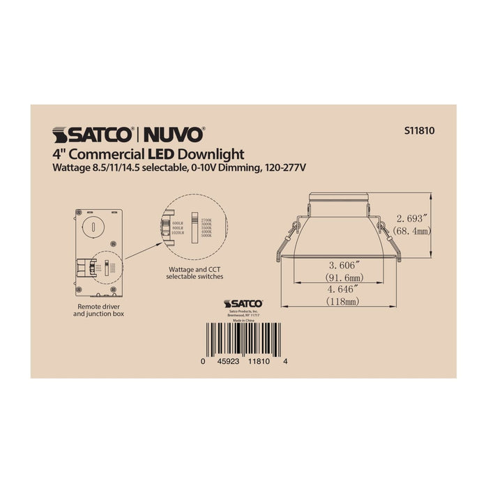 Commercial Downlight Retrofit Satco S11810 14.5 Watt Commercial LED Downlight - 4 in. - Color Adjustable - Lumen Adjustable - 120-277 volt Satco