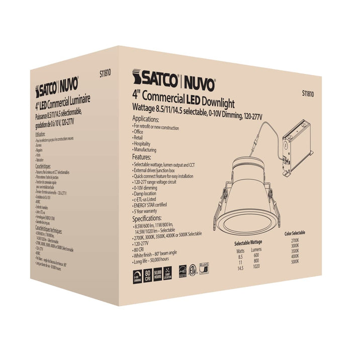 Commercial Downlight Retrofit Satco S11810 14.5 Watt Commercial LED Downlight - 4 in. - Color Adjustable - Lumen Adjustable - 120-277 volt Satco