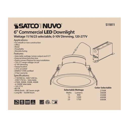 Commercial Downlight Retrofit Satco S11811 23 Watt Commercial LED Downlight - 6 in. - Color Adjustable - Lumen Adjustable - 120-277 volt Satco