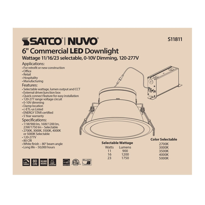 Commercial Downlight Retrofit Satco S11811 23 Watt Commercial LED Downlight - 6 in. - Color Adjustable - Lumen Adjustable - 120-277 volt Satco
