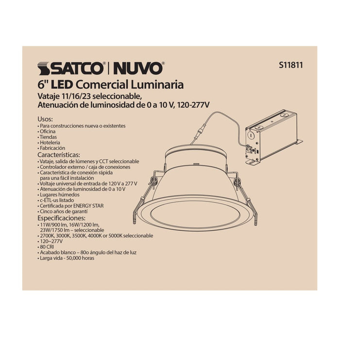 Commercial Downlight Retrofit Satco S11811 23 Watt Commercial LED Downlight - 6 in. - Color Adjustable - Lumen Adjustable - 120-277 volt Satco